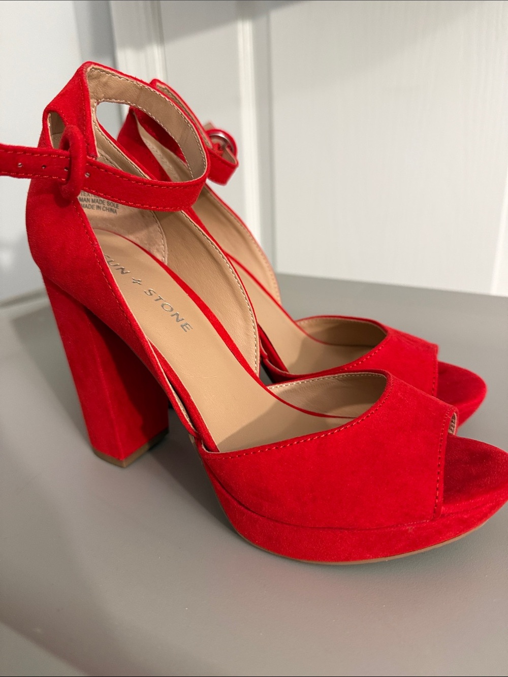 Red Suede Block Heel Sandals with Ankle Strap - Ivanka Stone